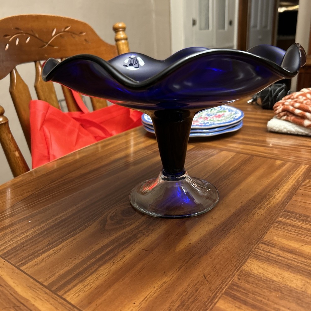 Vintage Cobalt Blue‎ 11 In Wave Ruffle Pedestal Bowl Fenton? Beautiful